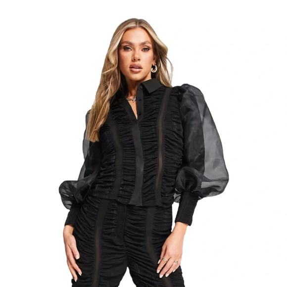 ASOS LUXE ruched chiffon shirt in black size 4 - Picture 6 of 10